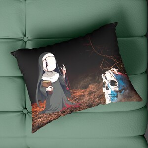 Dark chibi horror nun pillow featuring a faceless stitched nun holding a book and rosary, set against a gothic graveyard scene with a haunted skull. This high-resolution PNG design is perfect for gothic home decor, spooky pillows, horror-themed merchandise, and macabre collectors. The eerie aesthetic makes it a must-have for horror lovers, Halloween fans, and gothic enthusiasts.