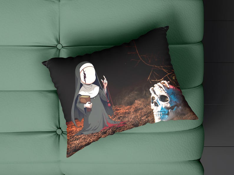 Dark chibi horror nun pillow featuring a faceless stitched nun holding a book and rosary, set against a gothic graveyard scene with a haunted skull. This high-resolution PNG design is perfect for gothic home decor, spooky pillows, horror-themed merchandise, and macabre collectors. The eerie aesthetic makes it a must-have for horror lovers, Halloween fans, and gothic enthusiasts.