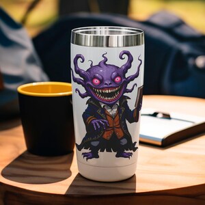 Dark fantasy horror tumbler design featuring a grinning purple tentacle monster in a Victorian suit. This high-resolution PNG is perfect for sublimation prints, gothic drinkware, horror lovers, Halloween gifts, and creepy digital artwork. The eerie eldritch aesthetic makes it an ideal pick for Cthulhu fans, Lovecraftian horror enthusiasts, and collectors of spooky designs.