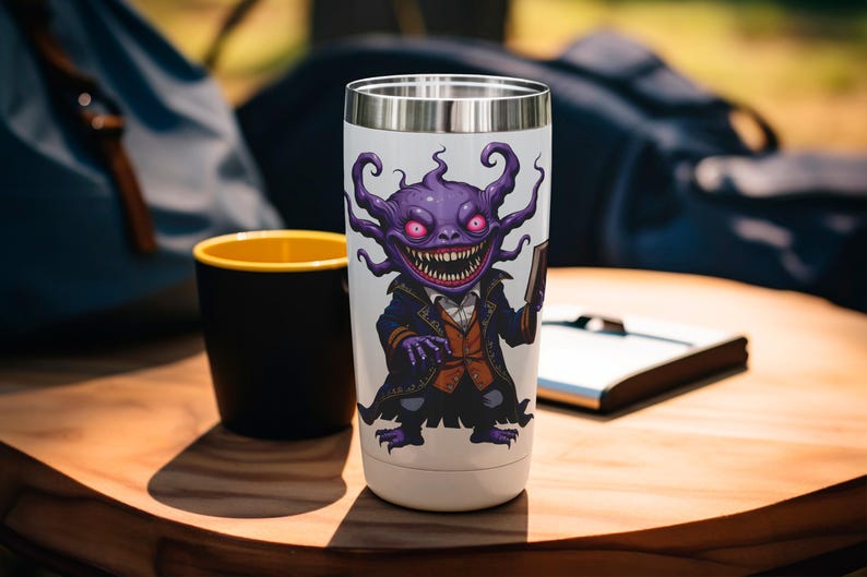 Dark fantasy horror tumbler design featuring a grinning purple tentacle monster in a Victorian suit. This high-resolution PNG is perfect for sublimation prints, gothic drinkware, horror lovers, Halloween gifts, and creepy digital artwork. The eerie eldritch aesthetic makes it an ideal pick for Cthulhu fans, Lovecraftian horror enthusiasts, and collectors of spooky designs.