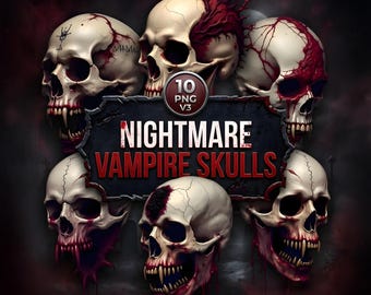 Undead Vampire Skull PNG Bundle | 10 Dark Gothic Horror Skulls (Digital Download)