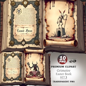 Könnte beinhalten: Ein digitales Clipart-Set mit einem Osterbuch im Grimoire-Stil. Das offene Buch zeigt Illustrationen dämonischer Figuren und Text, mit einer blutbespritzten Ästhetik. Der Text enthält "Lamb Host" und "Infernal Butcher". Das Set enthält 10 PNG-Dateien.