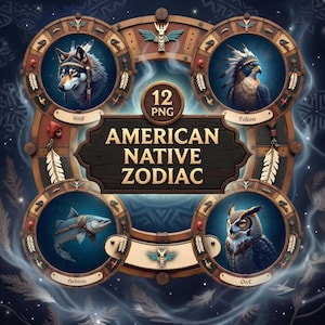 Native American Zodiac Clipart Set | 12 Sacred Animal Signs (PNG, Digital Download)