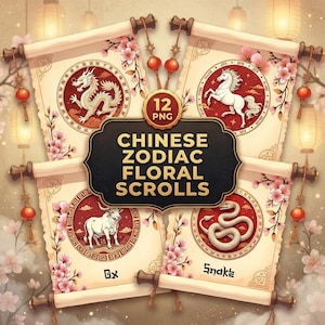 Chinese Floral Scrolls Zodiac Clipart Set | 12 Zodiac Astrology Signs (PNG, Digital Download)