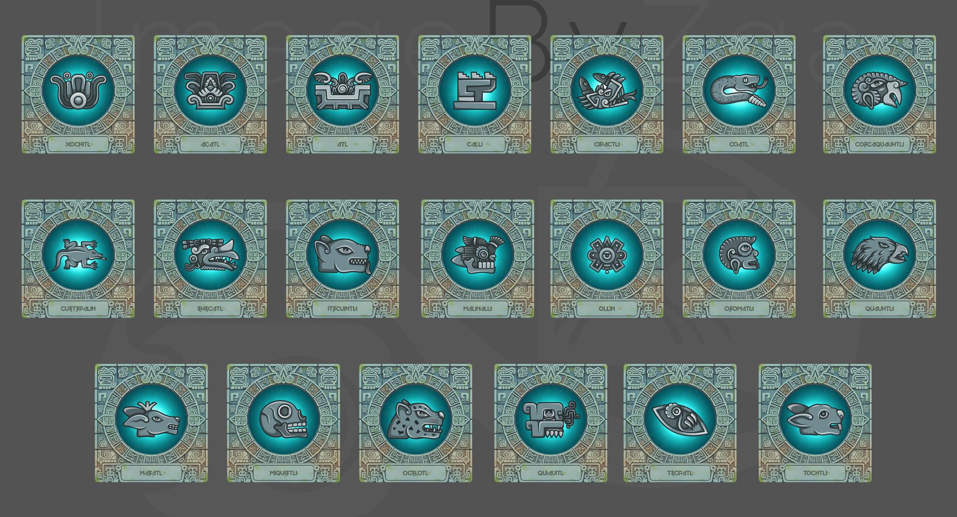 Aztec Calendar Icons PNG Bundle | 20 Mesoamerican Stone Tablet Clipart ...