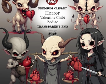 Horror Valentine Zodiac Chibi Characters - PNG Bundle | 12 Cursed Signs of Love (Digital Download)