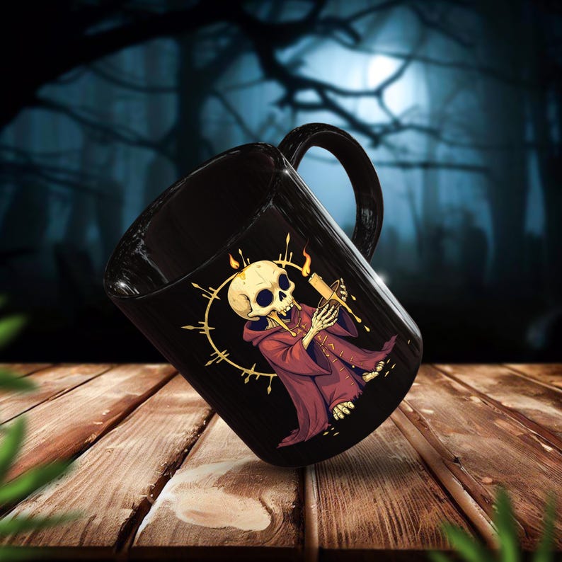 Gothic skull monk mug featuring a creepy undead priest holding a candle with a glowing halo. This high-resolution PNG design is perfect for horror lovers, gothic decor, Halloween gifts, and dark fantasy aesthetics. The black ceramic mug adds an eerie yet stylish touch, making it ideal for witchy coffee lovers, occult fans, and alternative fashion enthusiasts.