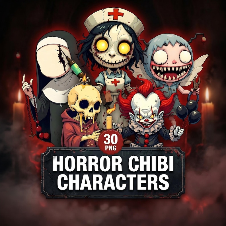 Thumbnail collage showing 30 creepy kawaii characters and gothic mini monsters, arranged around a clear central product label in a cohesive dark illustrated style.