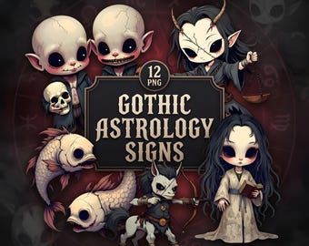 Horror Chibi Zodiac Characters Clipart | 12 Creepy Horoscope Signs PNG Bundle (Digital Download)