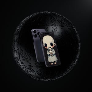Creepy chibi horror ghost phone wallpaper featuring a pale, eerie doll-like child holding a tiny skeleton plush. This high-resolution PNG is perfect for gothic phone backgrounds, spooky wallpapers, horror fans, and dark aesthetic lovers. The minimal yet haunting design makes it a must-have for those who love macabre, Halloween, and ghostly digital art.