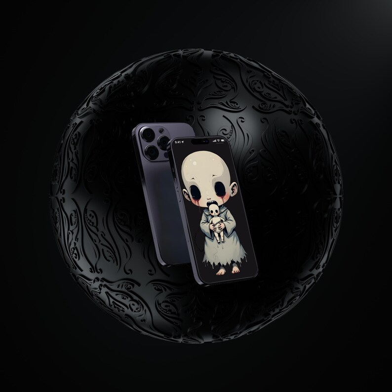 Creepy chibi horror ghost phone wallpaper featuring a pale, eerie doll-like child holding a tiny skeleton plush. This high-resolution PNG is perfect for gothic phone backgrounds, spooky wallpapers, horror fans, and dark aesthetic lovers. The minimal yet haunting design makes it a must-have for those who love macabre, Halloween, and ghostly digital art.