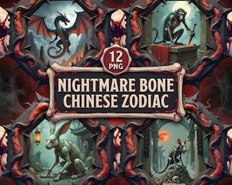 Gothic Bone Chinese Zodiac Clipart Set | 12 Zodiac Horror Art (PNG, Digital Download)