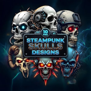 Gothic Steampunk Skulls ClipArt Set | 10 Spooky Sci-Fi Designs (PNG, Digital Download)