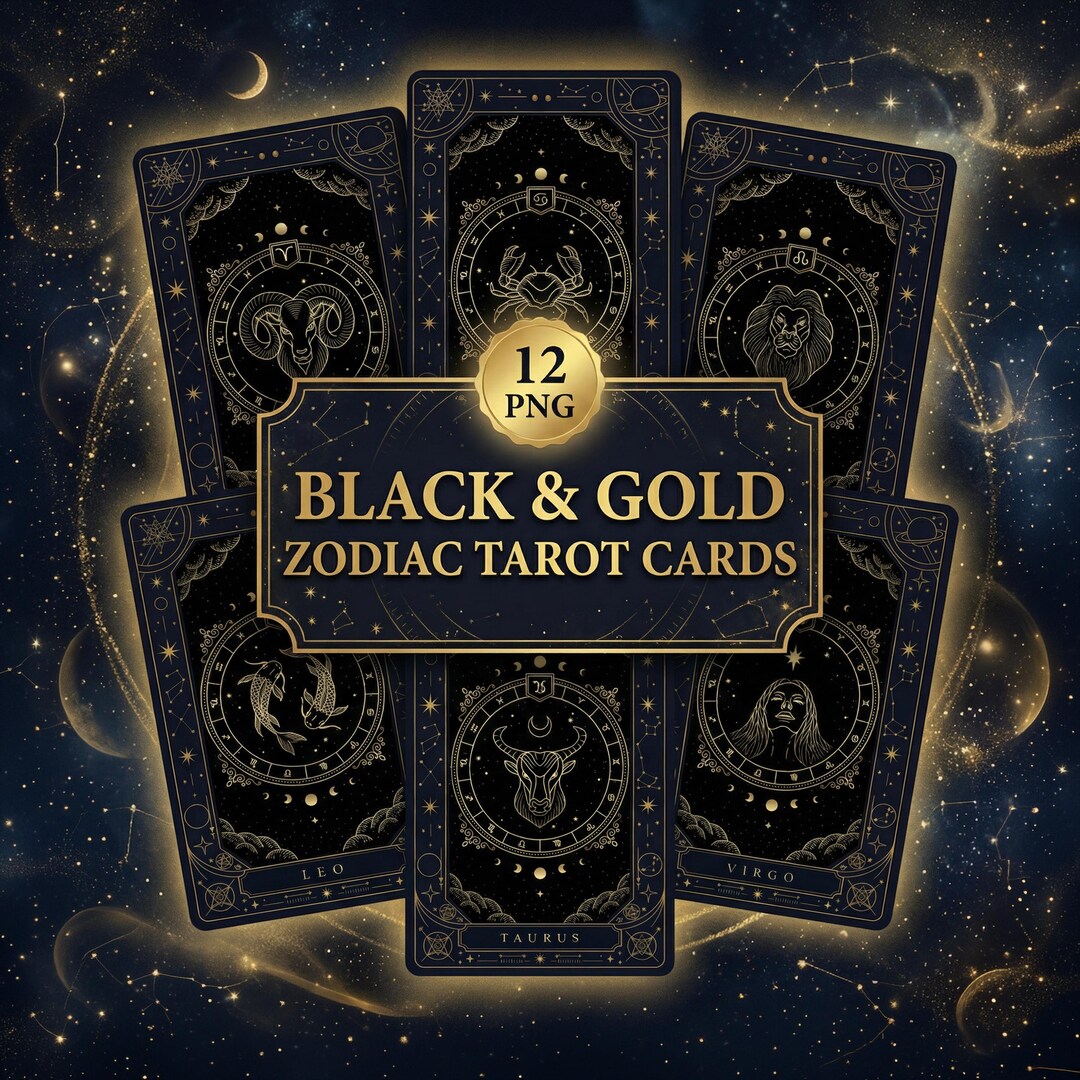 Printable Black & Gold Zodiac Tarot Deck | 12 Oracle Cards (PNG ...