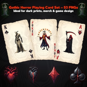 Jeu de cartes de poker hanté PNG | 54 cartes à jouer gothiques avec crânes royaux et jokers sanglants - parfaits pour les designs de t-shirt, sublimation de cliparts