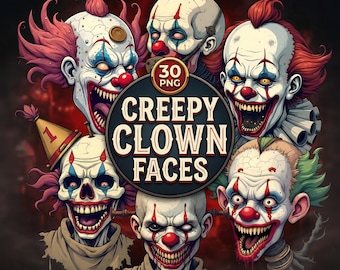 Horror Clown Faces Clipart Set | 30 Art The Clown Designs (PNG, Digital Download)