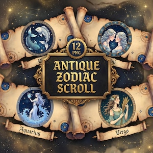 Antieke scroll dierenriem clipartset | 12 png-astrologieontwerpen (png, digitale download)