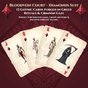Cartas góticas de palo de diamante PNG / 13 naipes de terror con símbolos manchados de sangre y miembros de la realeza de hueso: ideales para manualidades, merchandising y sublimación
