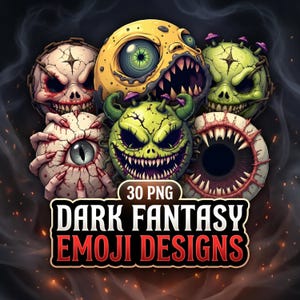 Zestaw clipartów emoji z motywem mrocznej fantazji | 30 grafik z emotikonami nadprzyrodzonymi (PNG, do pobrania)