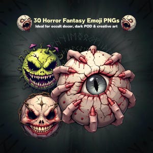 Horror Dark-Fantasy Emoji PNG Bundle | Creepy Emoticon Illustrations for Sublimation, T-Shirts, Mugs, Stickers, Crafts, and Digital Art