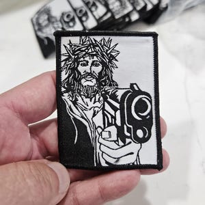 Gangster Jesus unique iron on patch / jesus with gun / vest patch / art / obey / street art /