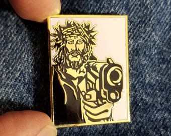 Gangsta Jesus lapel pin enamel,gun,limited edition,funny,religion,america,guns,hat pin, backpack pin, skateboard supreme,obey giant,vintage