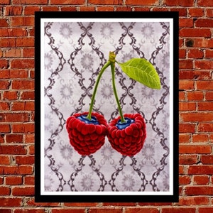 May include: Two red cherries with green stems and a single green leaf, against a background of a white and gray patterned wallpaper.