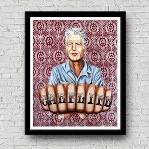Anthony Bourdain art, Anthony Bourdain painting,no reservations, chef life,chef art,knuckle tattoo art,signed print,s/n print,travel art