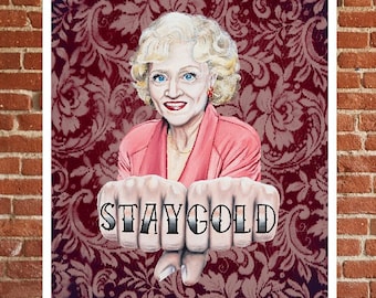 May include: A portrait of a woman with blonde hair and a pink jacket. Her knuckles are tattooed with the words "STAY GOLD". The background is a red and white floral pattern.