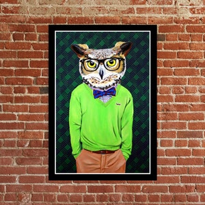 Owl Art,owl painting,bird decor,original art,signed art,bird nerd,fashion,bow tie,pop art,surreal art,contemporary art,poster art,mustache