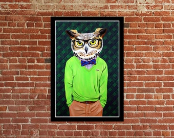 Owl Art,owl painting,bird decor,original art,signed art,bird nerd,fashion,bow tie,pop art,surreal art,contemporary art,poster art,mustache