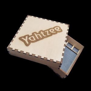 Yahtzee travel game box. Wooden dice game travel size box, with dice and score sheets.