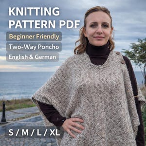 Beginner Knitting Poncho Pattern PDF, Two-Way Cape Wrap, Knit & Purl Only, Button Shoulder, Sizes S–XL, Instant Download