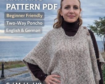 Patroon poncho voor beginners breien pdf, bidirectionele capeomslag, alleen gebreid en averecht, schouderknoop, maten S–XL, direct downloaden