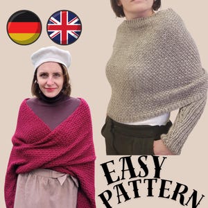 Pode incluir: A imagem mostra duas mulheres usando xales de malha e uma boina. Um dos xales é vermelho escuro, o outro é marrom claro. O texto "EASY PATTERN" é exibido em preto, com uma fonte estilizada.
