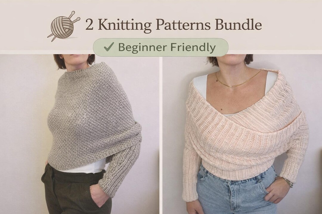 Beginner Knitting Pattern Bundle PDF – Easy Sweater & Wrap Top – 2 ...