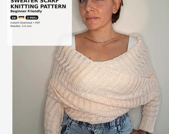 Sweater Scarf Knitting Pattern, Scarf with Sleeves, Beginner Easy Knit Wrap, EN & DE PDF, 5mm Needles