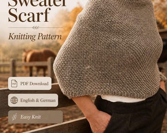 Sweater Scarf Knitting Pattern PDF, Scarf with Sleeves Wearable Wrap Top, Beginner Easy Knit, English & German, 7mm Needles