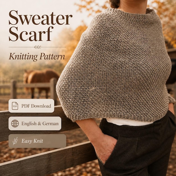 Sweater Scarf Knitting Pattern PDF, Scarf with Sleeves Wearable Wrap Top, Beginner Easy Knit, English & German, 7mm Needles