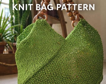 May include: A bright green knit bag with a textured, open-stitch pattern and two handles made of round wooden beads. The text KNIT BAG PATTERN is visible at the top, and the text ENGLISH PDF is visible at the bottom of the image.