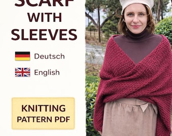 Knit Sweater Scarf Pattern PDF – Scarf with Sleeves – Easy Knit Wrap Shrug – Beginner Friendly