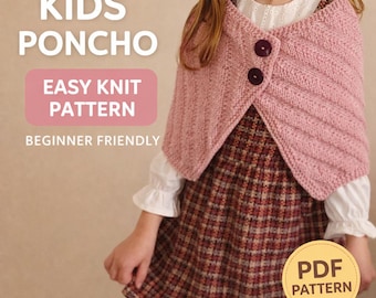 Kids Poncho Knitting Pattern PDF – Easy Beginner Knit Cape, Child Sweater Poncho, Hooded Wrap Pattern, Instant Download