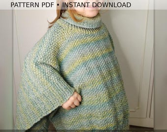 Kids Poncho Knitting Pattern PDF, Beginner Easy Child Poncho, Ages 2–8, Turtleneck Poncho, English & German, Instant Download