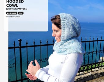 Modèle de tricot à capuche (style cagoule), écharpe à capuche/snood en tricot, adapté aux débutants, téléchargement immédiat au format PDF