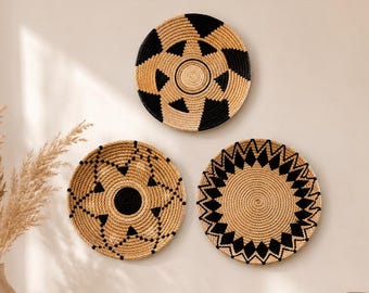 Set of 3 Boho Woven Basket Wall Decor | African Style Straw Wall Hanging