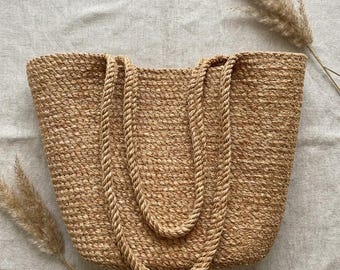 Handcrafted Jute Tote Bag, Large Woven Shoulder Bag, Minimalist Boho Summer Purse