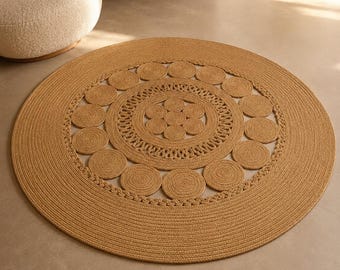 Hand Braided Jute Rope Mandala Rug, Custom Round Boho Area Rug