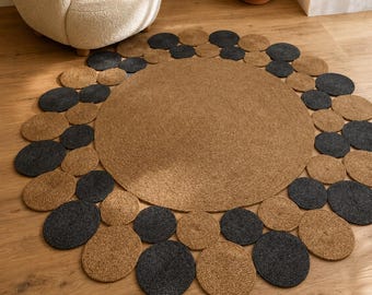 Handwoven Jute Pebble Border Rug, Custom Round Boho Area Rug