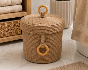 Lidded Jute Woven Basket, Rope Laundry Hamper, Decorative Boho Storage Bin, Blanket Toy Organizer