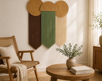 Set of 3 Boho Woven Jute Wall Hanging | Modern Macrame Yarn Fringe Wall Decor | Earthy Sage Green Brown Cream Tapestry